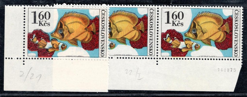2145 Akvarijní ryby 1,60 Kčs, dvojpáska s datem 14.IV.75, žlutá ryba a posun žluté dolů, a krajový kus, oranžová ryba a výrazný posun oranžové a červené dolů 