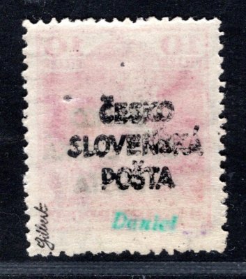 RV 146, Šrobárův přetisk, + tisk ( přetisk) na lepu - zjištěn jen u této hodnoty , Karel, červená 10 f, zk. Gi