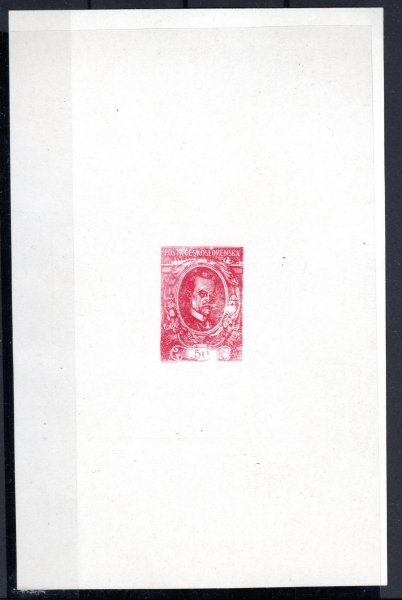 ZT, 50 h TGM, malý formát v červené barvě, otisk štočku na křídovém papíře v aršíkové úpravě, rozměr 82 mm x 135 mm, zk. Karásek