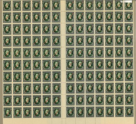 23 A, Andrej Hlinka 50 h zelená 1939 s přetiskem, dva kompletní archy spojené 10 meziaršími (4 řady z levé strany a 3 řady z pravé strany přeloženy), kompletní archy 10 x 10 známek (celkem 200 známek včetně 10 meziarší), v tomto celku ojedinělý výskyt