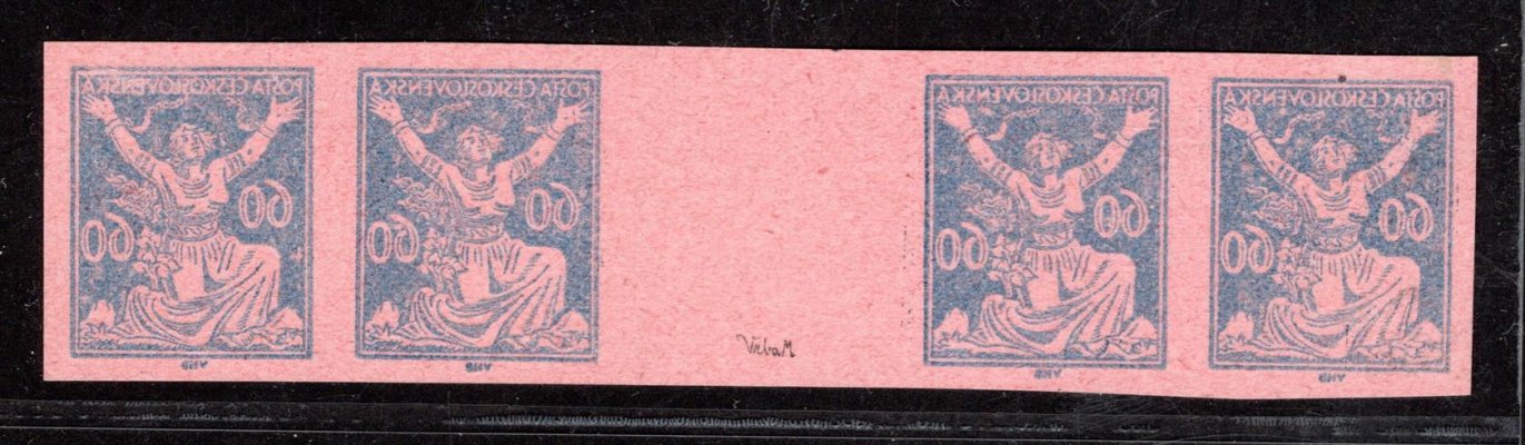 157 ZT Mv, 60 h modrá, zkusmý tisk čtyřznámkového vodorovného stejnosměrného meziarší
na růžovém papíru bez lepu s obtiskem, zk. Vrba, luxusní kus, hledané