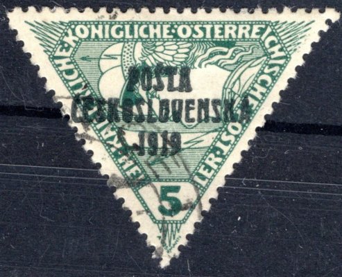 56, Spěšná trojúhelník 5 h zelená, razítkovaný, čisté razítko v okraji, typ I, zk. Mrňák