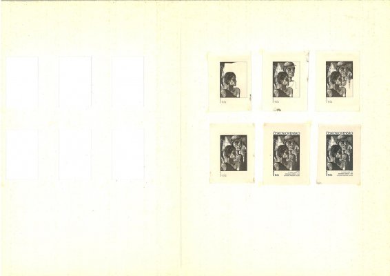 1872 ZT, Česká a slovenská grafika 1 Kčs černá (Koloman Sokol), fázové otisky původní rytiny známky (L. Jirka), celkem 6 kusů na silném papíře, pochází z významné sbírky