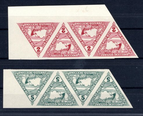Rakousko, ANK 217U-218U, 1917 Spěšné (trojúhelník), 4pásky krajové 2 h a 5 h nezoubkované; luxusní a velmi vzácné, kat. 3.375 EUR++