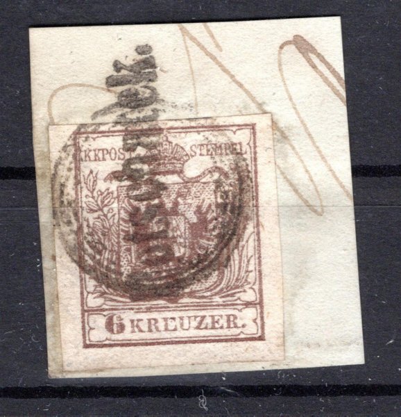 Rakousko, Mi. 4, 6 Kr hnědá na výstřižku, vzácné kruhové razítko bez data s nápisem Potschatek, hledané