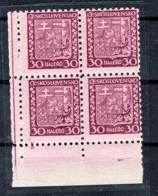 252x, Státní znak 30 h fialová, průsvitný papír, rohový 4blok s DČ 1, zk. Karásek