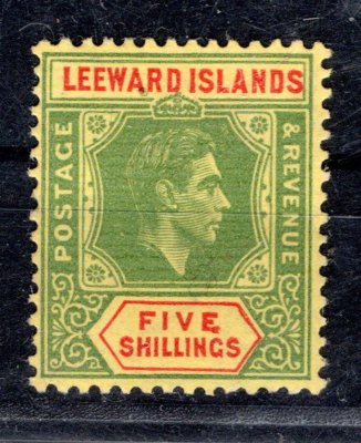 Leeward Island, SG 112ba, Jiří VI. 5 Sh zelená, průsvitka Multi-Script CA, čárka dole na E ve slově FIVE ("zlomené E")