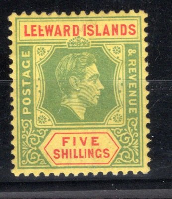 Leeward Island, SG 112a, Jiří VI. 5 Sh zelená, průsvitka Multi-Script CA, nedotištěné druhé písmeno E v LEEWARD, ohyb