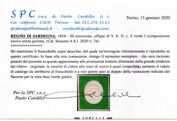 Itálie, Sardinie, Sassone 7d (Mi. 7), Viktor Emanuel II. 5 cent. zelená, signována a atest Cardillo, kat. Sassone pro * 80.000 EUR, mimořádně vzácná a hledaná známka ve výborné kvalitě