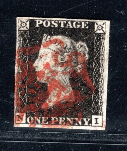 Velká Británie, SG 2, Penny Black, tisková deska IV, písmena N-I, červený maltézský kříž, kat. 400 GBP