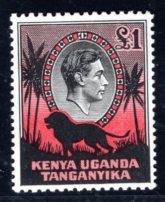 Kenya Uganda Tanganyika 1938, SG 150, Jiří VI. 1 L, koncová hodnota v nejvzácnějším zoubkování 11 3/4 : 13, bezvadná, kat. 550 GBP