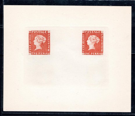 Mauritius REPRINT 1912, SG 1-2 POST OFFICE, vydání 1847, oficiální dobový reprint legendárních známek z originálních tiskových desek na aršíku bez lepu (1 p oranžově červená), vzadu označeno REPRINT, bezvadná kvalita, atest BPA