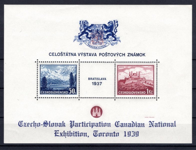 AS 5 N, Aršík Bratislava 1937 (A 329-30), s přítiskem pro výstavu Toronto 1939, přítisk modrý, znak modrý, zkusmý tisk přítisků, vzácné