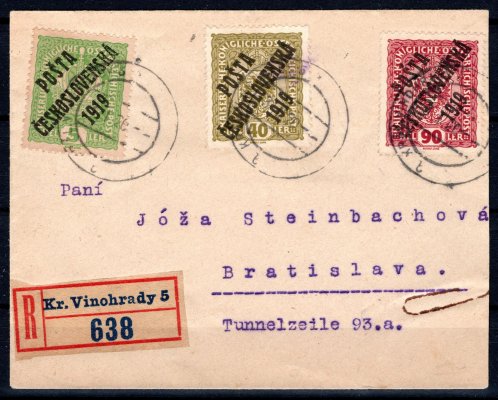 R dopis malého formátu, z Kr. Vinohrad s pestrou frankaturou známek emise PČ 1919 do Bratislavy, přiložen podací lístek