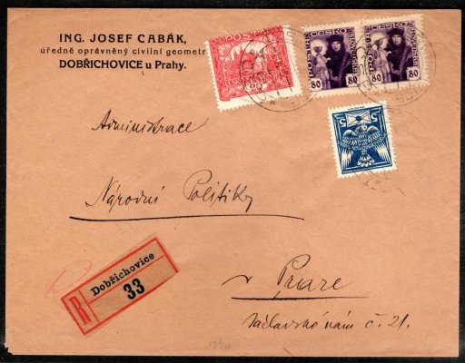 R dopis z  Dobřichovic do Prahy vyplacený smíšenou frankaturou známek emise Husita, Hradčanyí a Holubice