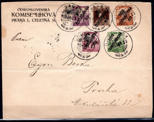 firemní dopis vyplacený pestrou frankaturou maďarských známek s přetiskem PČ 1919, adresovaný do Prahy,  hezké
