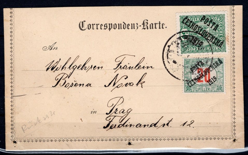 pohlednice vyplacená  rakouskými a maďarskými známkami s přetiskem PČ 1919, zaslaná do Prahy