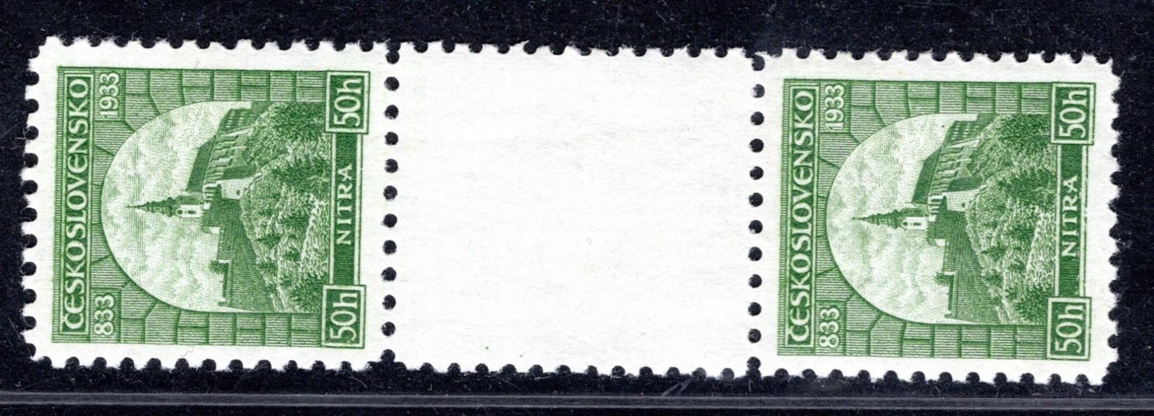 273 Ms, Nitra, stejnosměrné, 2 známkové meziarší, zelená 50 h,vynechávka lepu -  sign, Stach