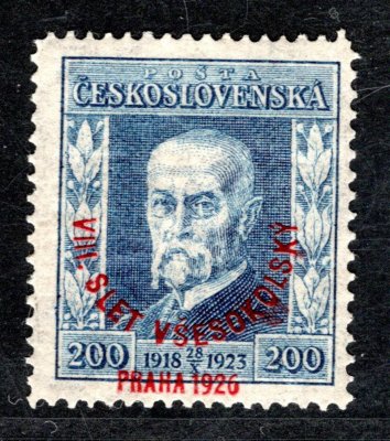 185, P 8, TGM, posunutý přetisk - Všesokolský slet, modrá 2 Kč, zk. Ka, Stupka 