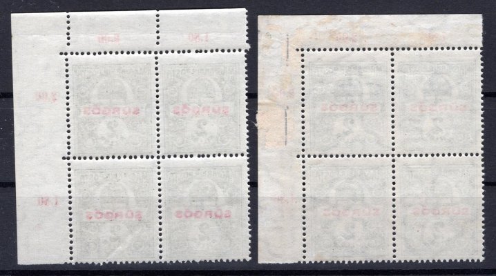 124  ; 4 - bloky rohové světlý a tmavý odstín  (bez přetisku)  ; 2 f spěšná  Madarské Michel 180  - předběžná známka   pro Pč 1919  ( Pofis 124)