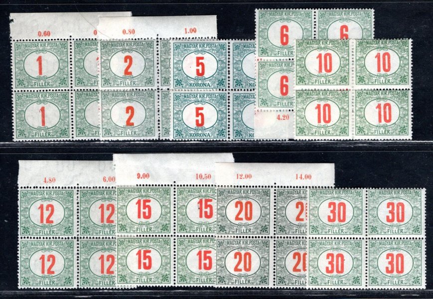 36 - 44 Michel - Kompletní série Doplatní červená čísla Maďarské , pouze 5 filler nahrazen o rok pozdější vydání, hledané série červených čísel ve 4- bloku bez přetisku - Pofis 131 - 139 ; 4 - bloky