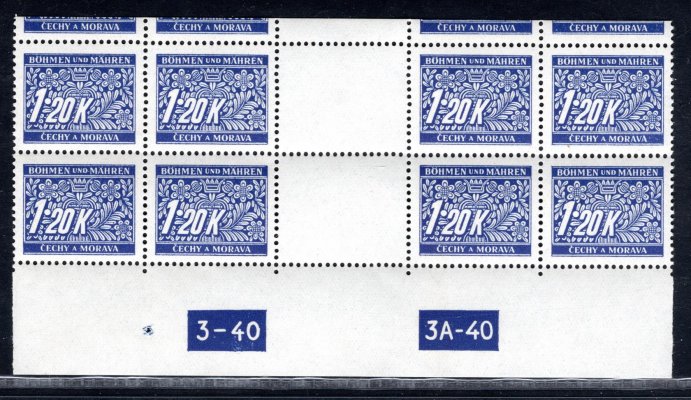 DL 10, doplatní, 4 zn. horní řezané meziarší, DČ 3-40, 3A-40, modrá 1,20 K , hledané
