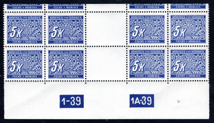 DL 12, doplatní, 4 zn. horní řezané meziarší, DČ 1-39, 1A-39, modrá 5 K , hledané