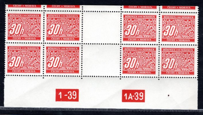 DL 4, doplatní, 4 zn. horní řezané meziarší, DČ 1-39, 1A-39, červená 30 h , hledané