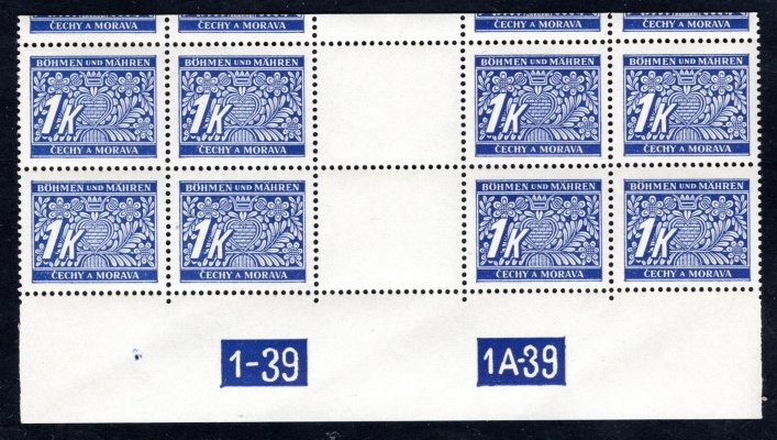 DL 9, doplatní, 4 zn. horní řezané meziarší, DČ 1-39, 1A-39, modrá 1 K , hledané