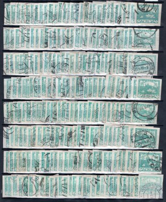 8 ; více než 500 kusů razítkovaných známek 20 h modrozelená na výmětovém listu A4, materiál k dalšímu studiu. ( 2 fota) 
