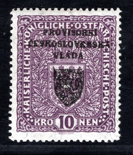 RV 19a,  I. Pražské vydání, papír žilkovaný - formát úzký znak, 10 K fialová, zk. Mrňák 