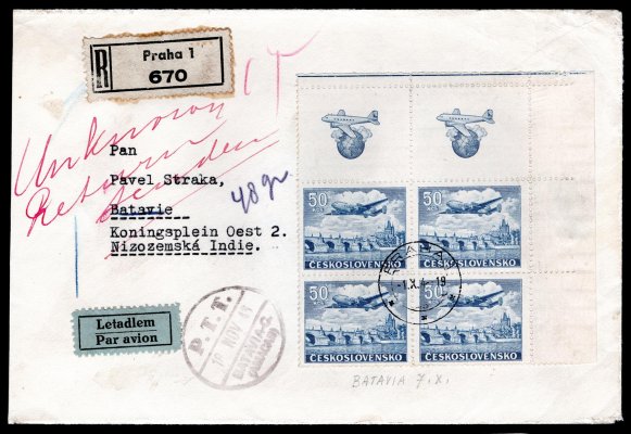 Letecké ; 1948 R - EX + Let dopis adresovaný do Nizozemské Indie, vyfránkový 4- blok s kupony letecké 50 Kčs, Podací Praha - Příchozí Batavia 7.10.48- vráceno zpět a zpětné podací BAtavia 18.11.48 - včetně podacího lístku 
