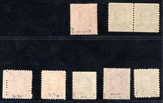 sestava malých Masaryků - obsahujíc 2 x 40 h pergamen, 2 koruna typ II Pz, 50 h zelná + 2 x 1 koruna červené typy VIII P 6 + P 8 
