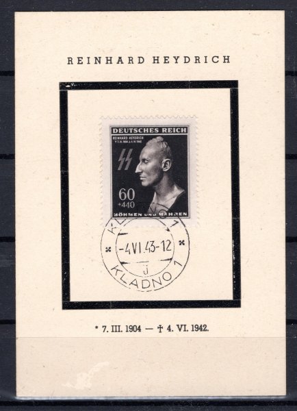 zvláštní tisk v aršíkové úpravě se známkou č. 111 Heydrich, razítko Kladno 1, 4/VI/43,  k úmrtí Reinharda Heydricha, hledané