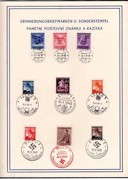 zvláštní tisk s poštovními známkami a různými pamětními razítky