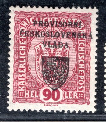 RV 14, I. Pražský přetisk, 90 h fialovočervená, zk. Gilbert