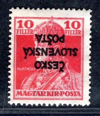 RV 146 Pp, Šrobárův přetisk převrácený,Karel, červená 10 f, zk. Fra, Vrba  hledané