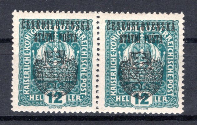 RV 26, II. Pražský přetisk, dvoupáska koruna zelenomodrá 12 h, zk. Gi