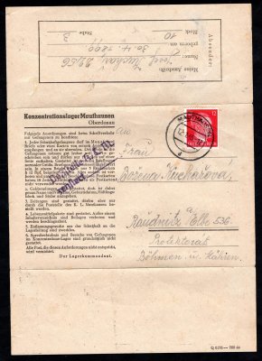KL - koncentrační tábor Mauthausen, formulář se známkou, lehké stopy poštovního provozu, podací razítko Mauthausen, 12/1/45, odeslaný do Roudnice