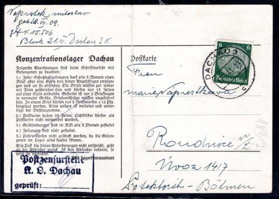 KL - koncentrační tábor Dachau, formulář se známkou, přeložený lehké stopy poštovního provozu, podací razítko Dachau 17/1/41 odeslaný do Roudnice