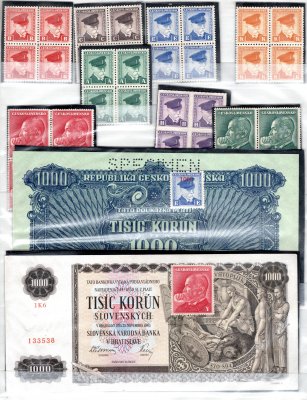 TGM - kolkové známky na bankovky z roku 1945, použití na Slovensku 4 bloky !, krásná sestava včetně okolkovaných bankovek, zajímavé