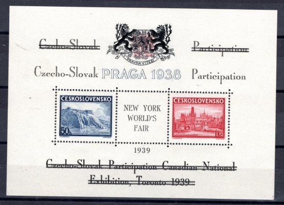 Praha 1938 přítisk i znak černý, přeškrnuto, přítisk NY Worlds Fair 1939