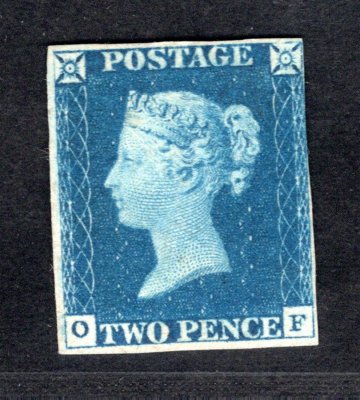 2 SG - 1840, 2d. bright blue, deska 1, výrazná svěží barva, užší střih pouze na pravé straně, nepoužitá nerazítkovaná bez lepu - zkoušeno Roumet + Atest Královská filatelistická organizace Londýn - katalogová cena 43 000 liber pro známku s lepem - Mimořádná známka, druhá vydaná známka světa a Velké Británie, několikrát vzácnější než její předchůdkyně Black penny - poprvé v aukci - ozdoba každé sbírky ! 
