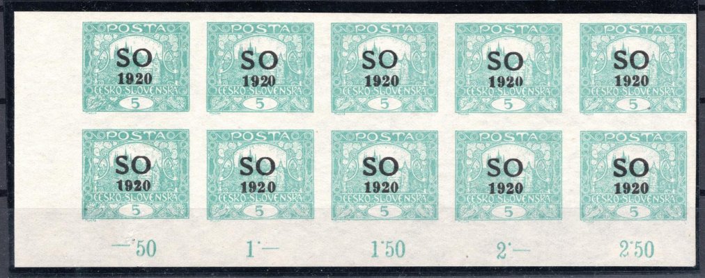 SO 3, typ II, levý dolní rohový 10 ti blok s počítadly, modrozelená 5 h, v této formě velmi vzácné, zk. Beneš