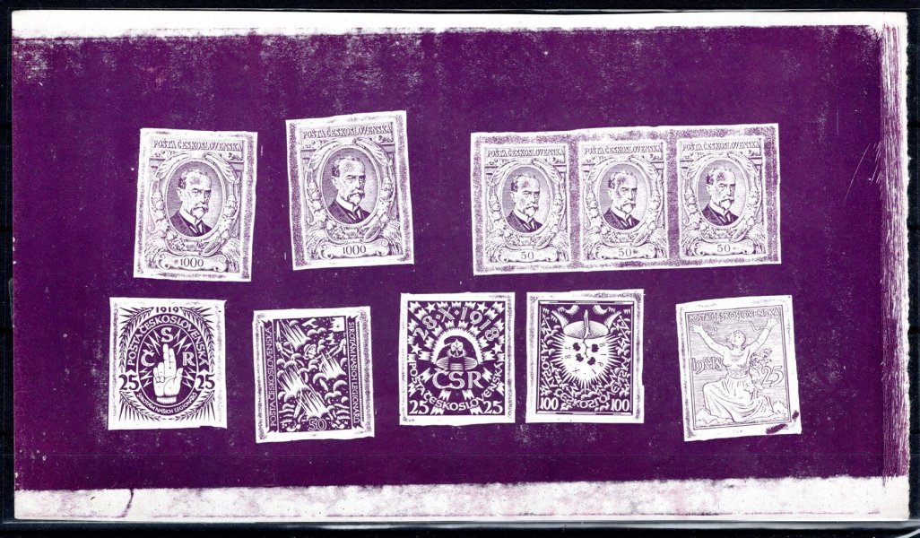 ZT KT, II. soutěž, soutisk 10 otisků známek v barvě fialové na křídovém papíru (z toho jedna hodnota realizována), zk. Beneš, hledané, řídký výskyt