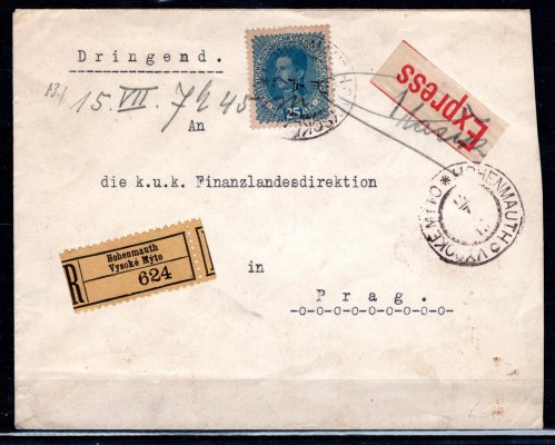 R-EX dopis vypl. 25h Karel a dvoupáskou 25h Karel vzadu, DR VYSOKÉ MÝTO 14. 7. 1918 do Prahy, šlechtická korespondence GRAF Deym von Střítež, zajímavé