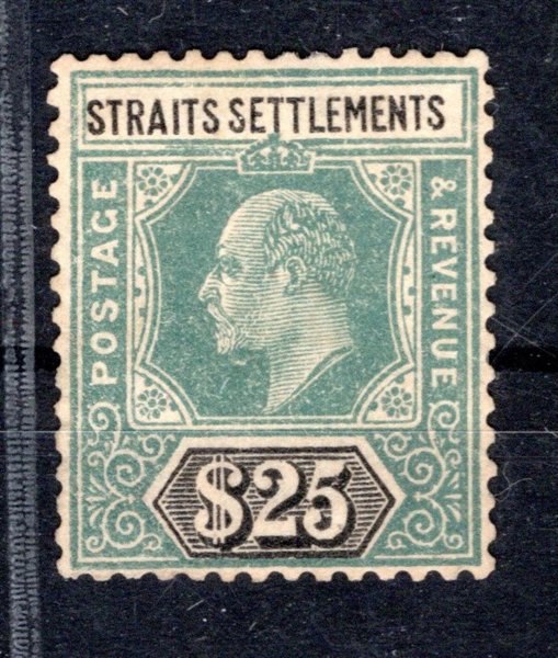 Straits Settlements - SG. 139,  Eduard, 25 $, s čáti nepůvodního lepu - velmi vzácná známka, vysoký nominál koloniální známky - poprvé v aukci  kat. 3500 L