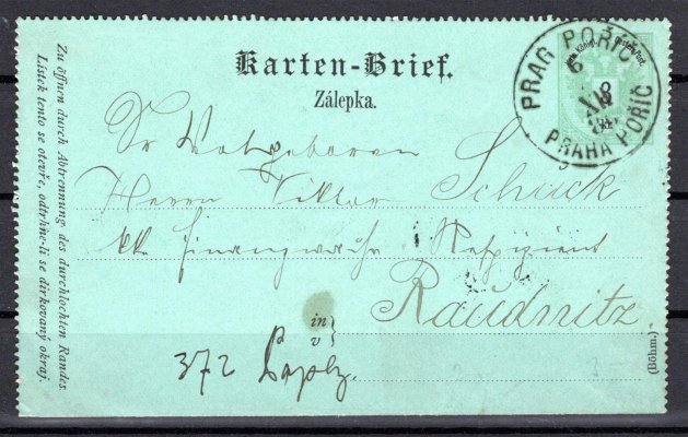 Zálepka Doppeladler 3 kr. pro místní styk DR PRAHA POŘÍČ 6. 7. 1886, příchozí Roudnice 6. 7. 1886, vzácné použití pro meziměstský styk bez doplatného