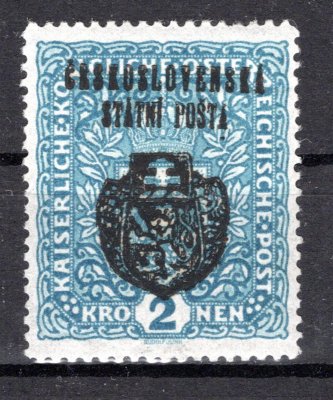 RV 37, II. Pražský přetisk, znak, modrá 2 Koruna úzká - základní papír, zk. Vrba