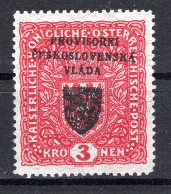 RV 17 a, I. Pražský přetisk, papír žilkovaný, znak, červená 3 K, zk. Gi. 
